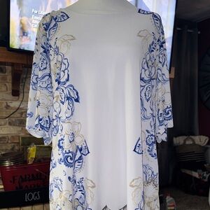 Susan Graver White and Blue Floral Blouse